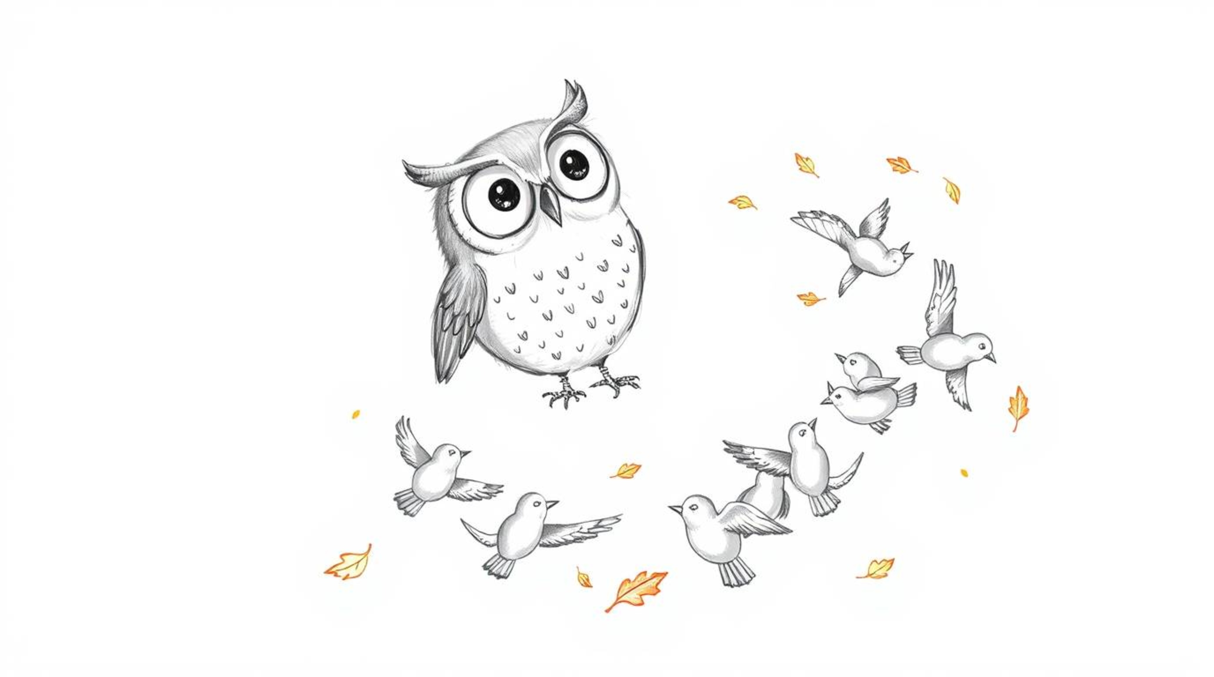 A whimsical hand-drawn sketch in Pixar style portrays a blind owl with large, gentle eyes lovingly guiding a flock of birds i