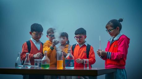 This high-resolution stock photo captures a group of quirky kids in school uniforms conducting experiments within a thick, fo
