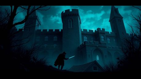 Imagine a thief, shrouded in secrecy, daringly infiltrating a heavily guarded castle. The scene is dramatically lit with chia