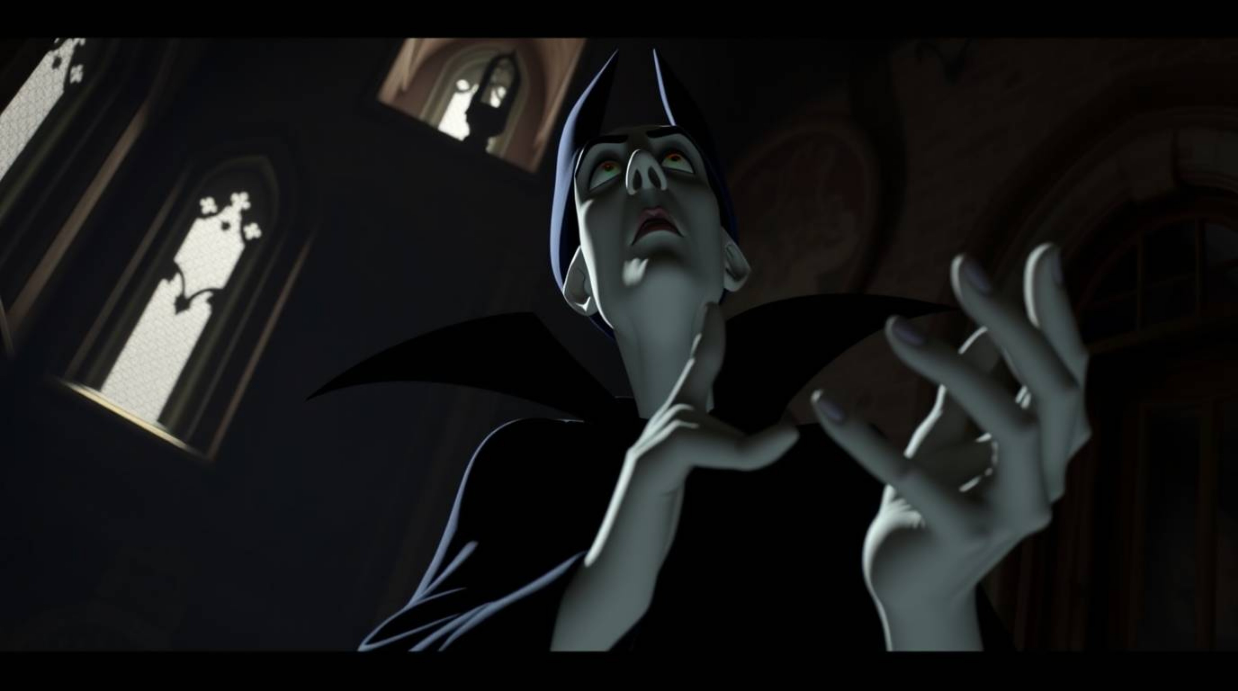 A classic Disney villain with sharp features and pale skin is depicted casting a spell within the confines of an old castle. 