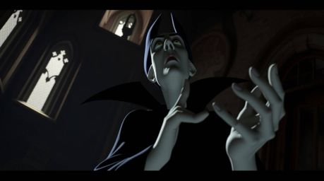 A classic Disney villain with sharp features and pale skin is depicted casting a spell within the confines of an old castle. 