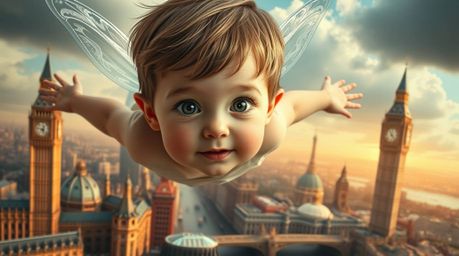 Experience a dreamlike journey with this surreal image featuring an adorable young boy with large eyes and rosy cheeks, soari