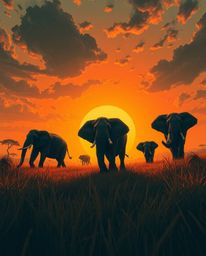 This is a low-angle, strong moody style surreal illustration of elephants walking across a field at sunset. The artwork featu