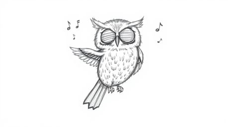 A heartwarming hand-drawn sketch in the style of Pixar depicts a blind owl with textured feathers, passionately teaching a gr