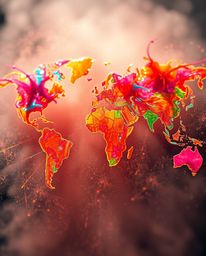 This vibrant image features a tightly framed close-up showcasing a world map creatively constructed from bright, colorful spl