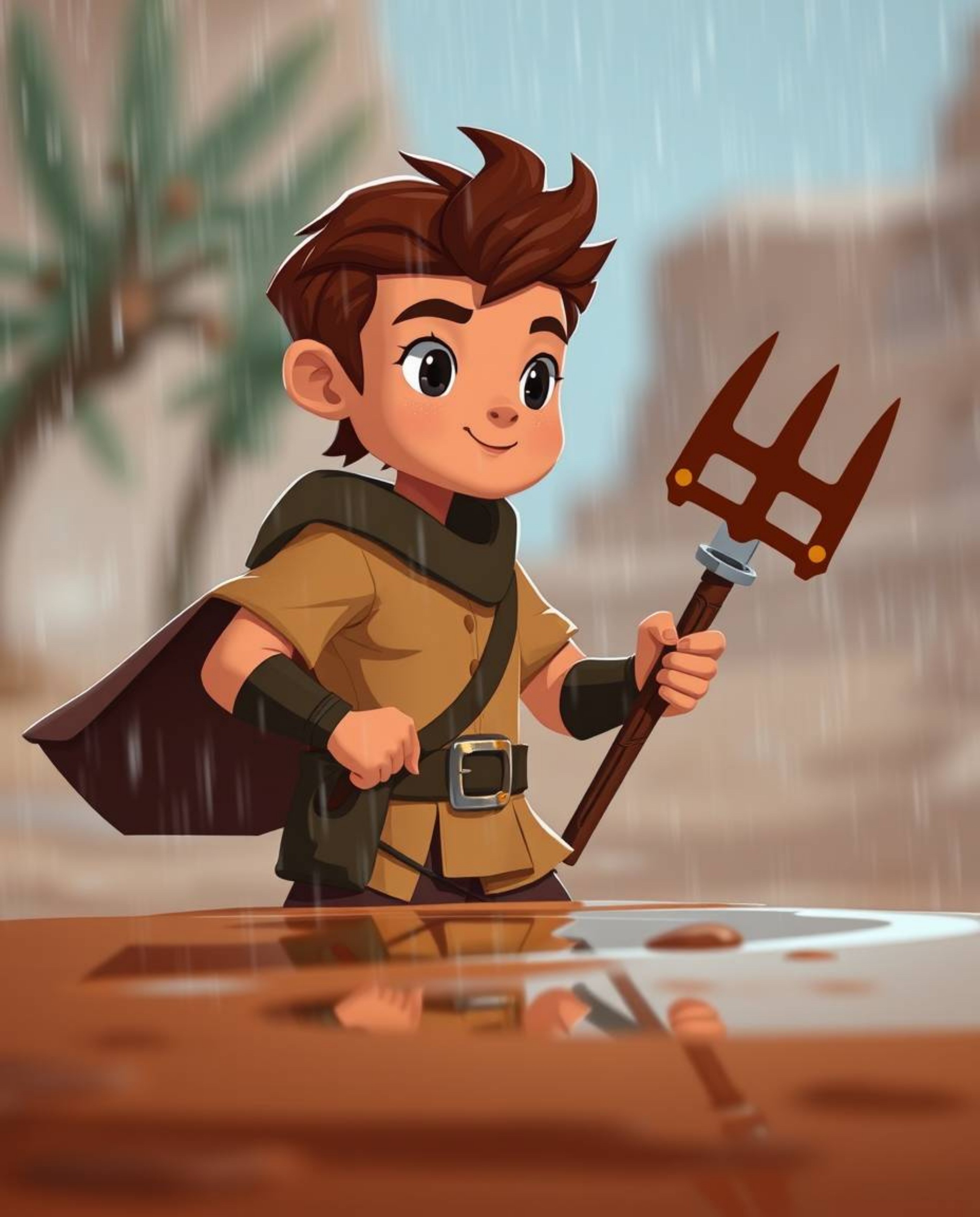 Embark on a brave hero's Disney-style desert adventure depicted in a modern flat design, complete with a wet, rainy scene fea