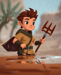 Embark on a brave hero's Disney-style desert adventure depicted in a modern flat design, complete with a wet, rainy scene fea