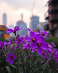Stunning deep ultraviolet flowers bloom vibrantly amidst the ruins of a post-apocalyptic city.  This image features sharp sub