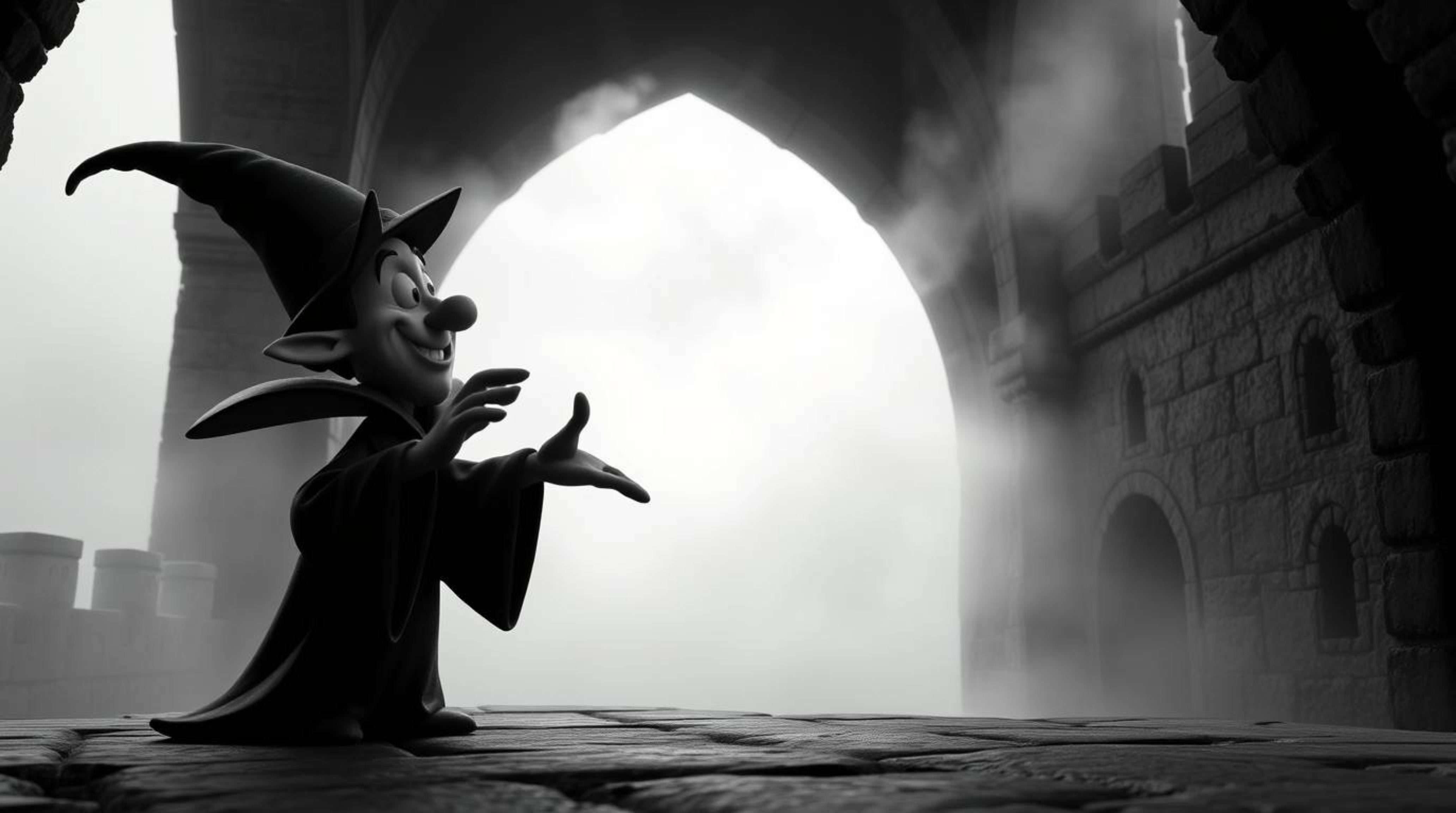 A classic Disney villain, sculpted from clay, casts a spell within an ancient, fog-shrouded castle.  The scene features low v
