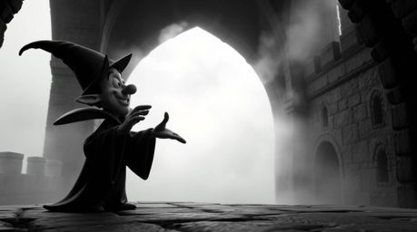 A classic Disney villain, sculpted from clay, casts a spell within an ancient, fog-shrouded castle.  The scene features low v