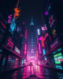 Immerse yourself in a captivating low-angle view of a futuristic cityscape, saturated with vibrant neon splashes and a gritty