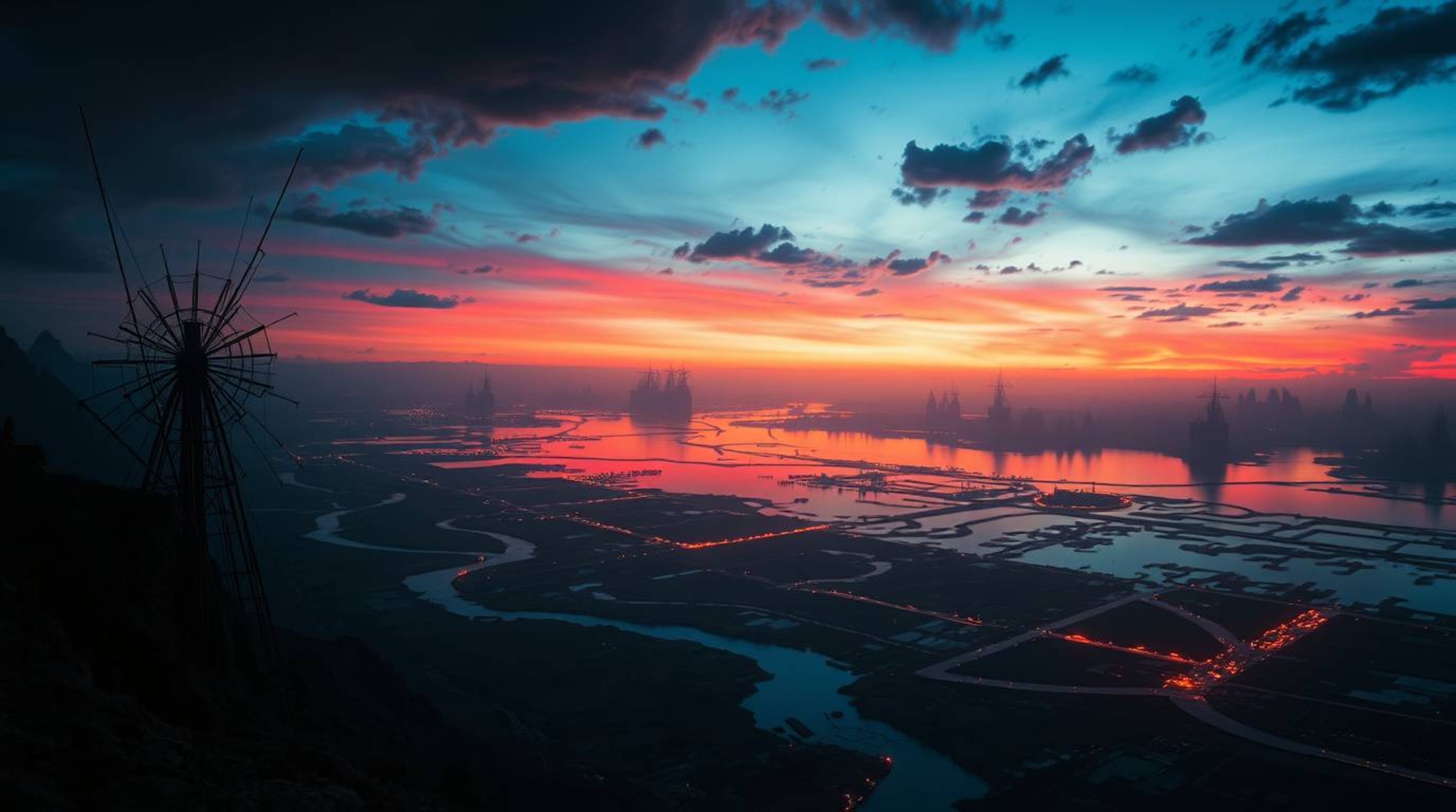 Experience the surreal beauty of a river delta bathed in twilight colors, rendered in a strong, moody style. High contrast cr