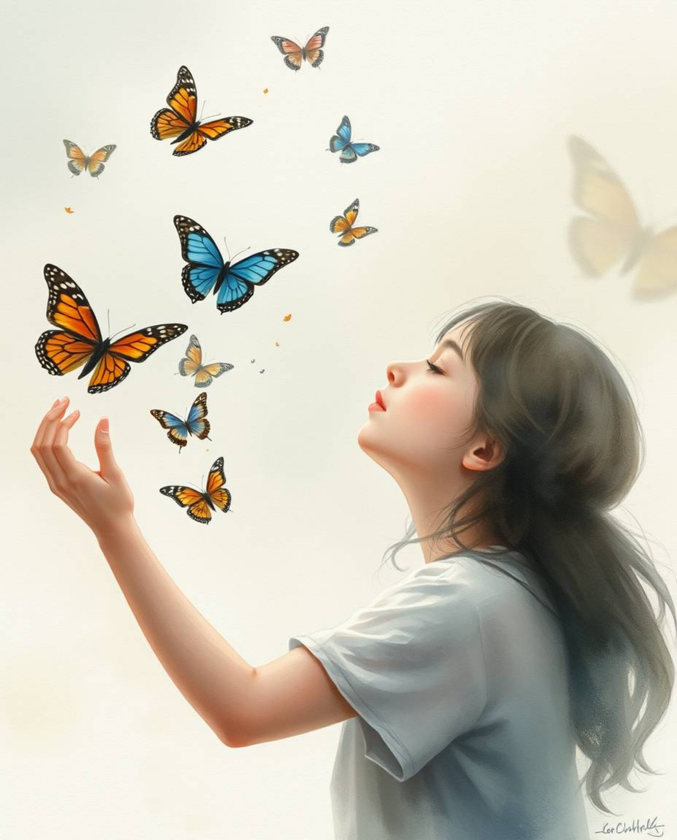 A captivating watercolor painting depicts a light-skinned girl releasing butterflies into a thick, foggy atmosphere. The artw