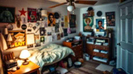 A captivating architectural photograph showcasing a messy bedroom with a blurred bokeh effect.  The image features sharp focu
