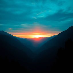 Experience the ethereal beauty of a sunset over a quiet mountain valley.  This image evokes a rich, deep teal color palette w