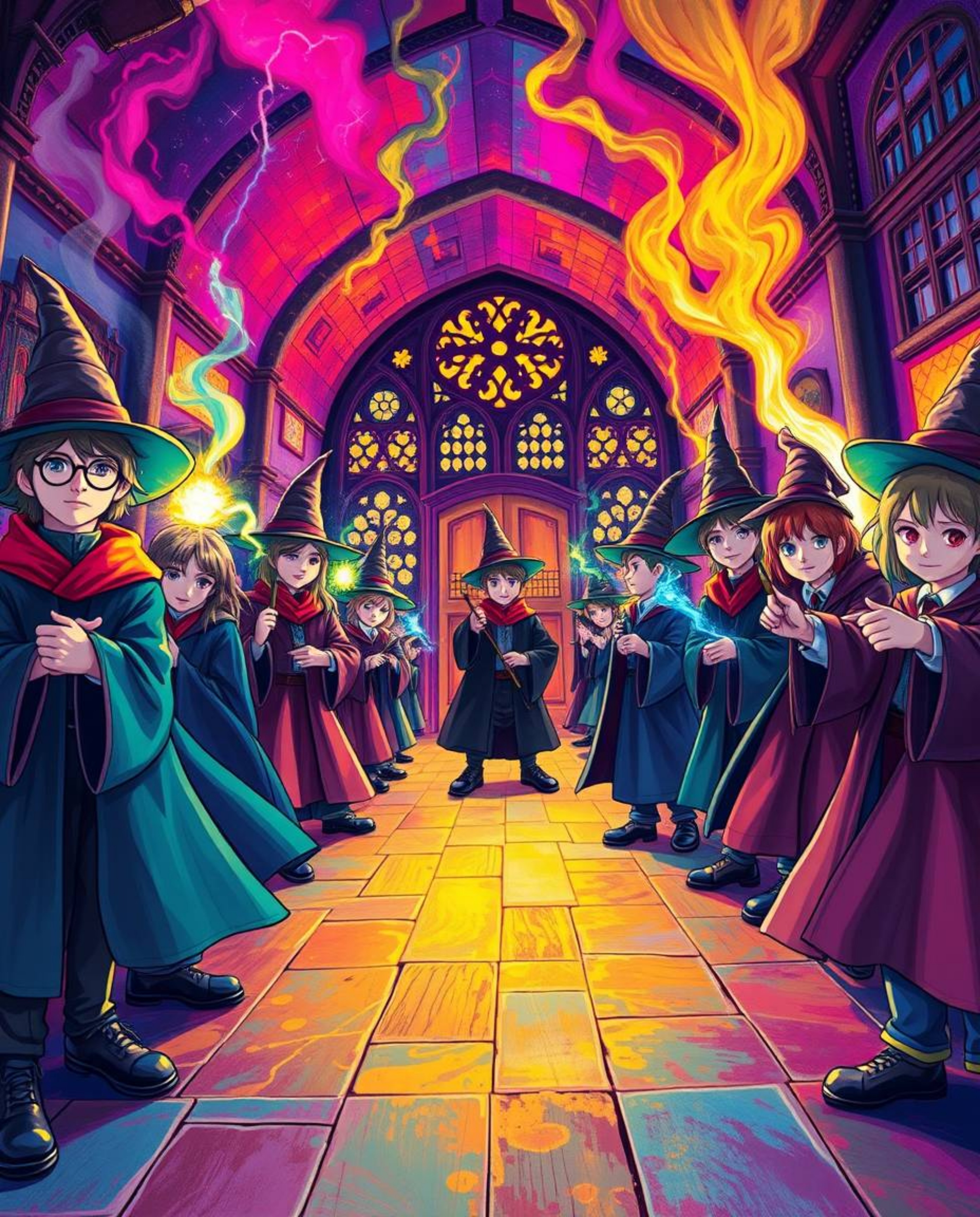 Explore a magical school teeming with young wizards, rendered in vibrant electric colors and a highly saturated palette.  Exp