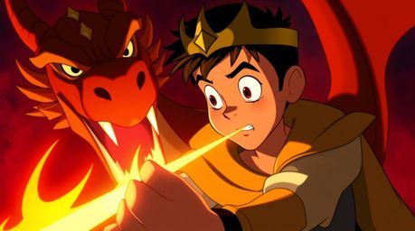 A charming prince, depicted in a vibrant 1950s animation style, valiantly battles a fearsome dragon.  Intense lighting in red