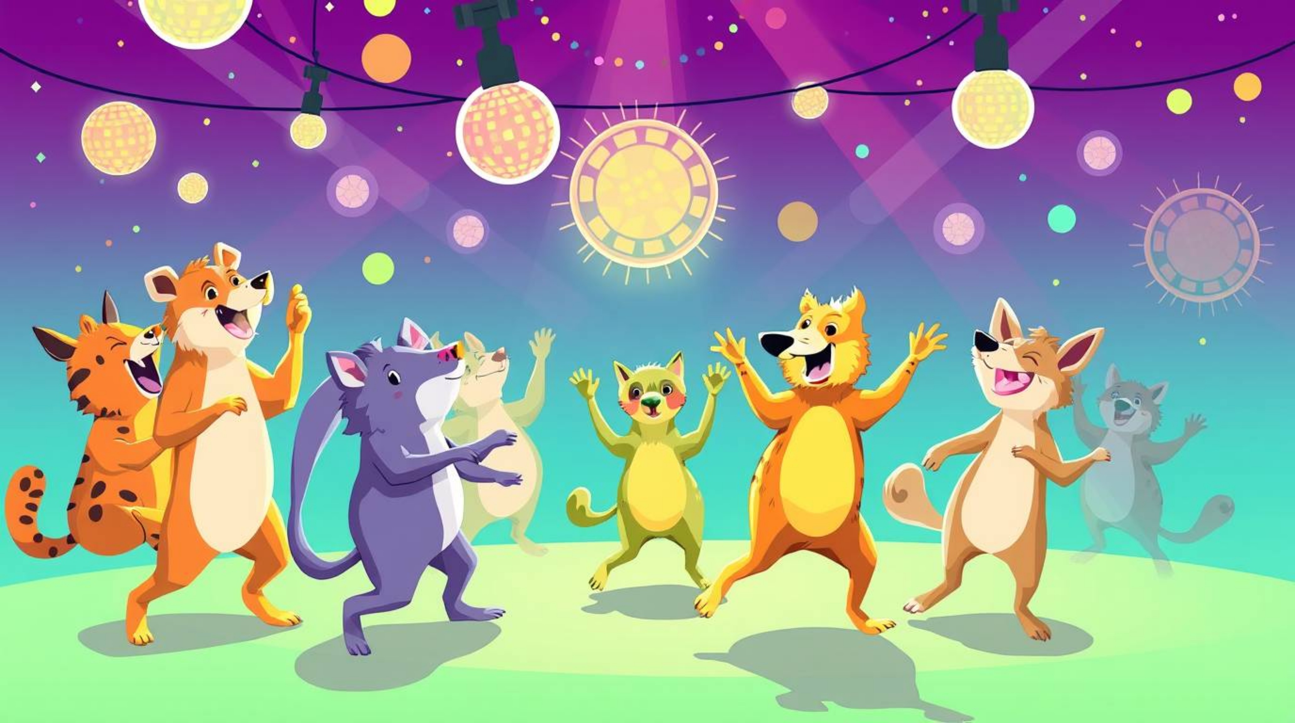 Experience a bright and vibrant illustration of an animal dance party, complete with dazzling disco lights and a flow state v
