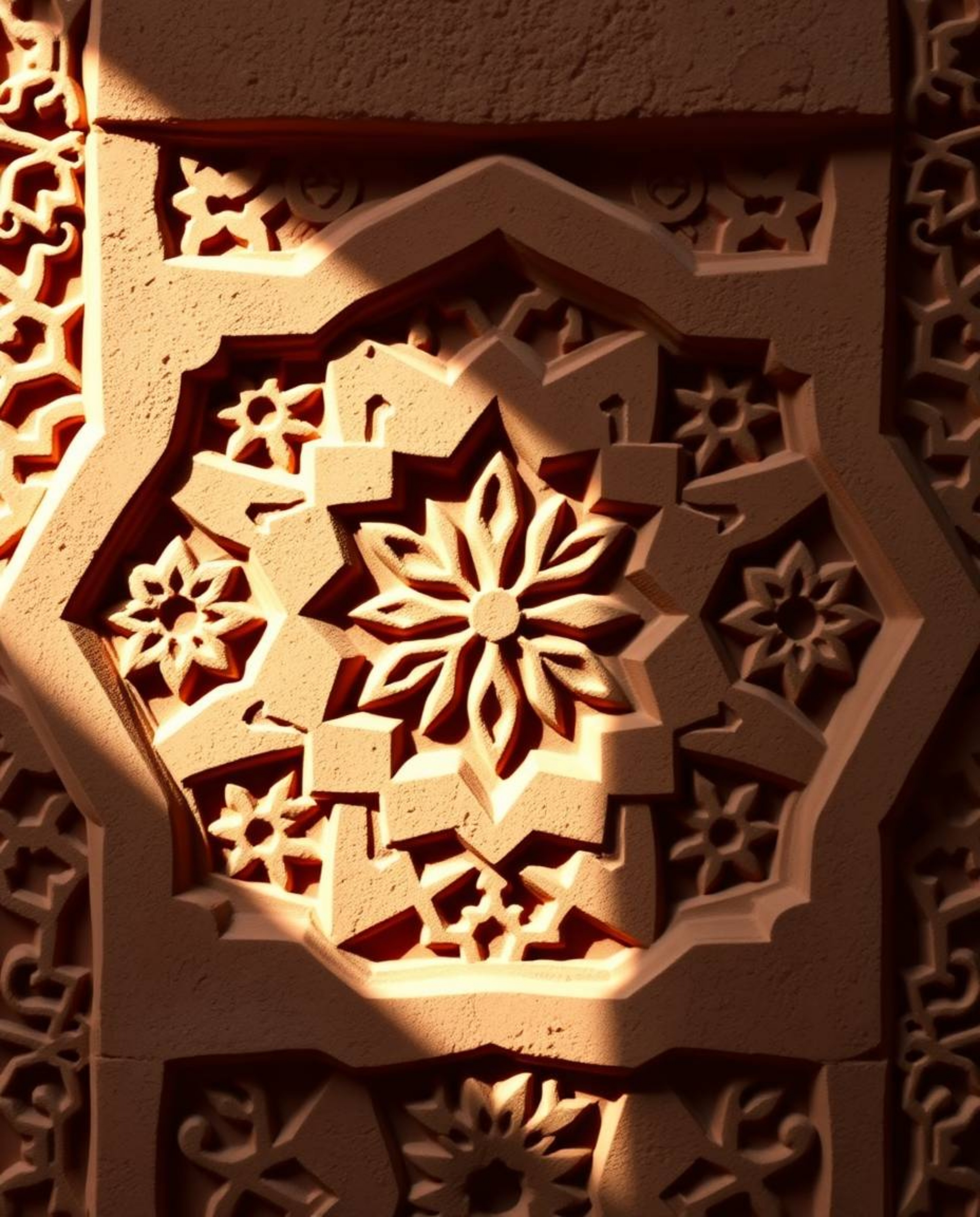 This artwork features intricate Islamic geometric patterns carved in stone, rendered in a modern flat design aesthetic with s