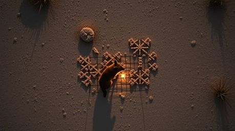 This architectural color photograph, taken from a bird's-eye view, showcases a silhouetted coyote setting up a trap in the de