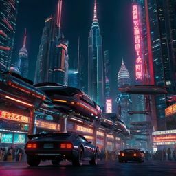 Explore a breathtaking futuristic cityscape featuring towering skyscrapers constructed from glass and steel, vibrant neon sig