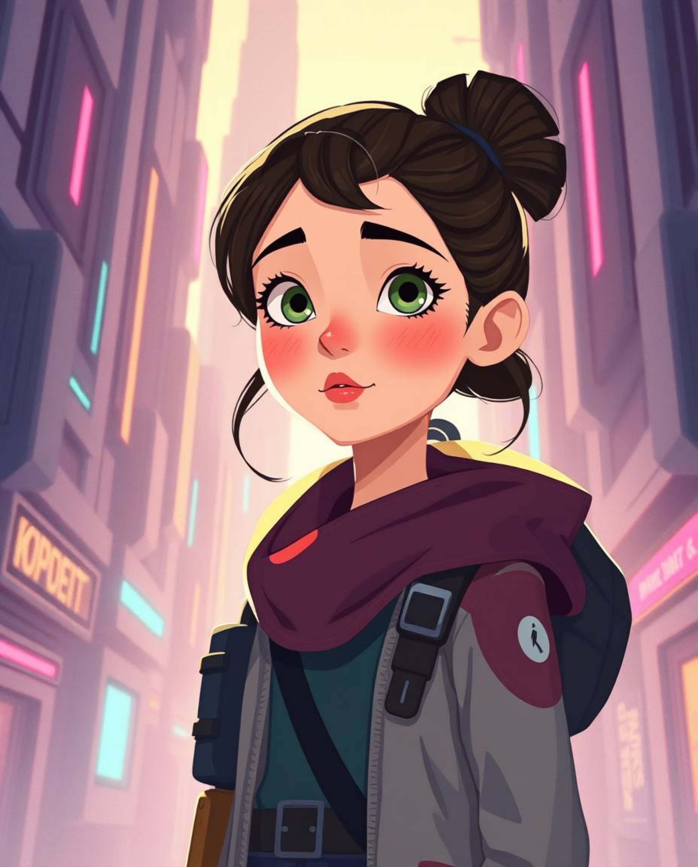 A captivating Pixar-style illustration depicts a young, fair-skinned inventor girl in a futuristic city. Bathed in soft past