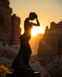 A cast bronze sculpture depicts a sunset illuminating sandstone canyon cliffs, utilizing dramatic chiaroscuro lighting to cre