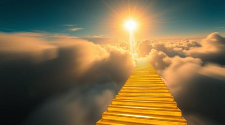 A mesmerizing long-exposure photograph depicts a golden staircase ascending through ethereal clouds towards a radiant heaven.
