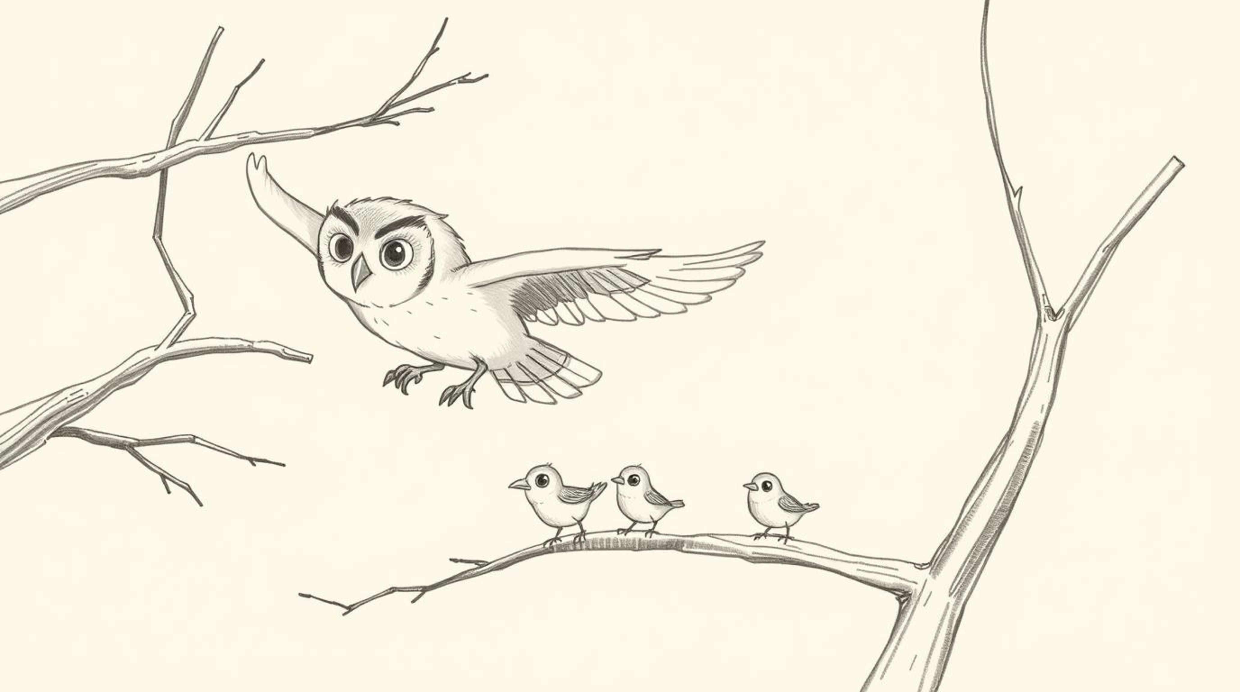 A charming hand-drawn sketch in the style of Pixar, depicting a blind owl with soft, expressive features gracefully soaring b