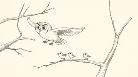 A charming hand-drawn sketch in the style of Pixar, depicting a blind owl with soft, expressive features gracefully soaring b