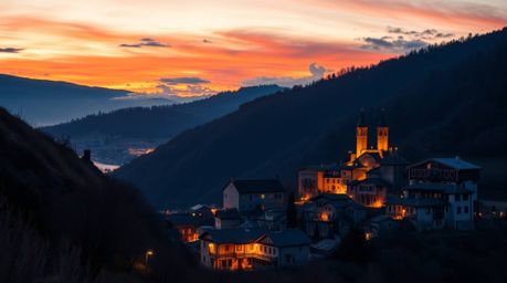 Capture the essence of a cozy village nestled in a valley under a vibrant, colorful sky, illuminated by the warm glow of cand