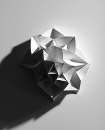 This striking black and white photograph captures a three-dimensional geometric pattern reminiscent of folded paper, meticulo