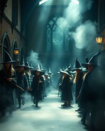 Step into a dreamy, whimsical world of a magical school brimming with young wizards. Soft cinematic lighting and a hazy back