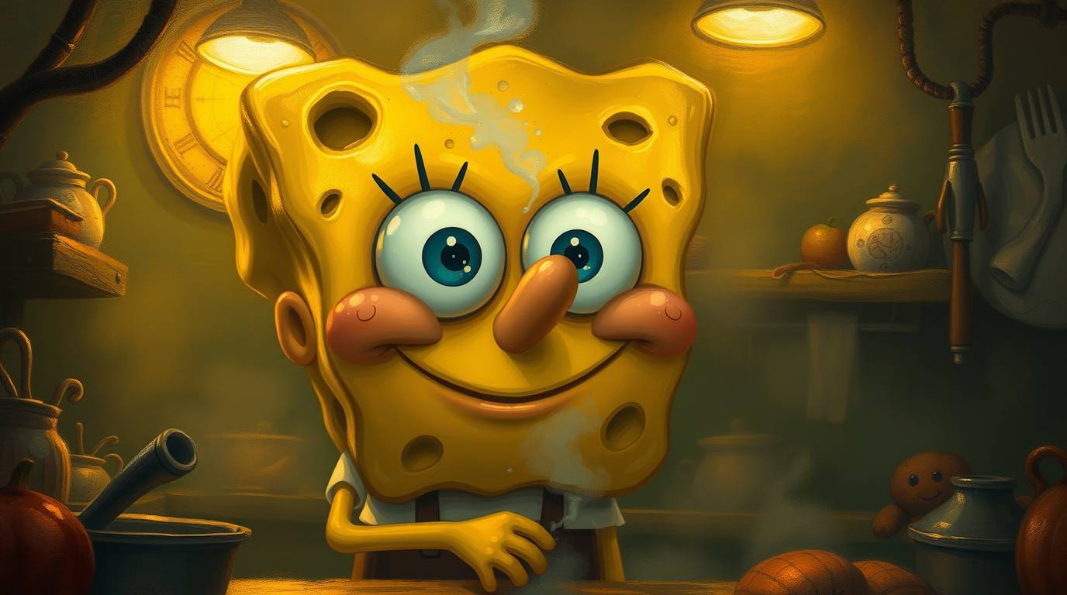 A cheerful sponge character with wide, friendly eyes cooks in a dimly lit, cozy underwater kitchen.  The scene is painted in 