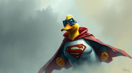A dynamic digital sketch depicts a duck in a zany superhero costume amidst thick fog and low visibility. This artwork feature
