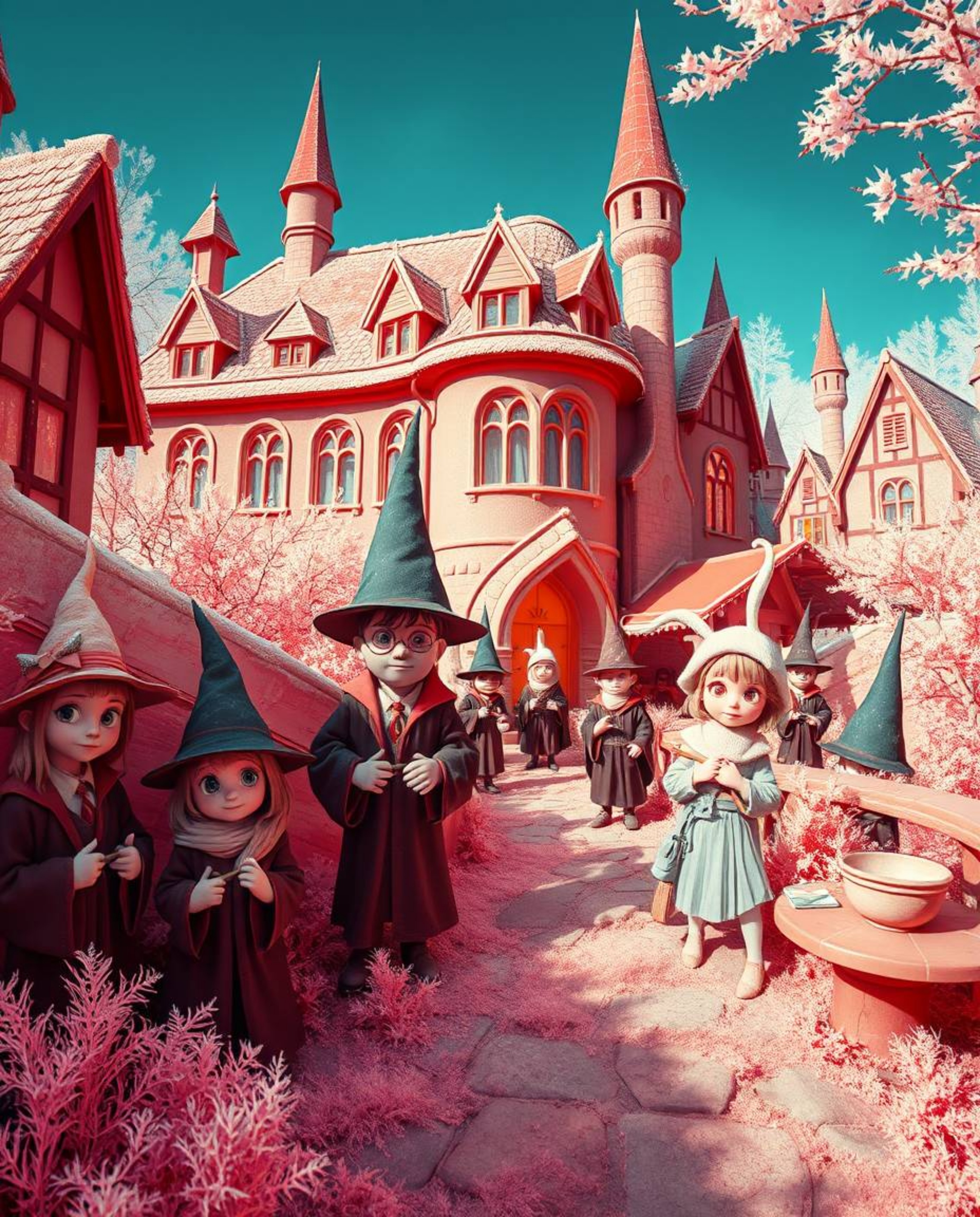 Discover a whimsical, surreal infrared image of an adorable magical school brimming with young wizards. The unique infrared
