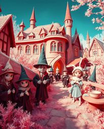 Discover a whimsical, surreal infrared image of an adorable magical school brimming with young wizards. The unique infrared