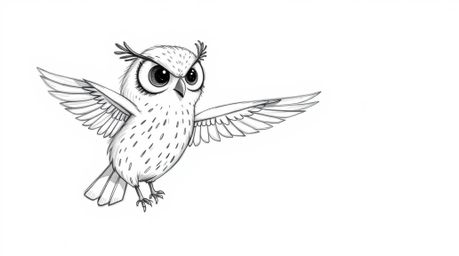 A charming hand-drawn sketch in the style of Pixar depicts a blind owl patiently teaching birds to fly.  Soft, textured penci