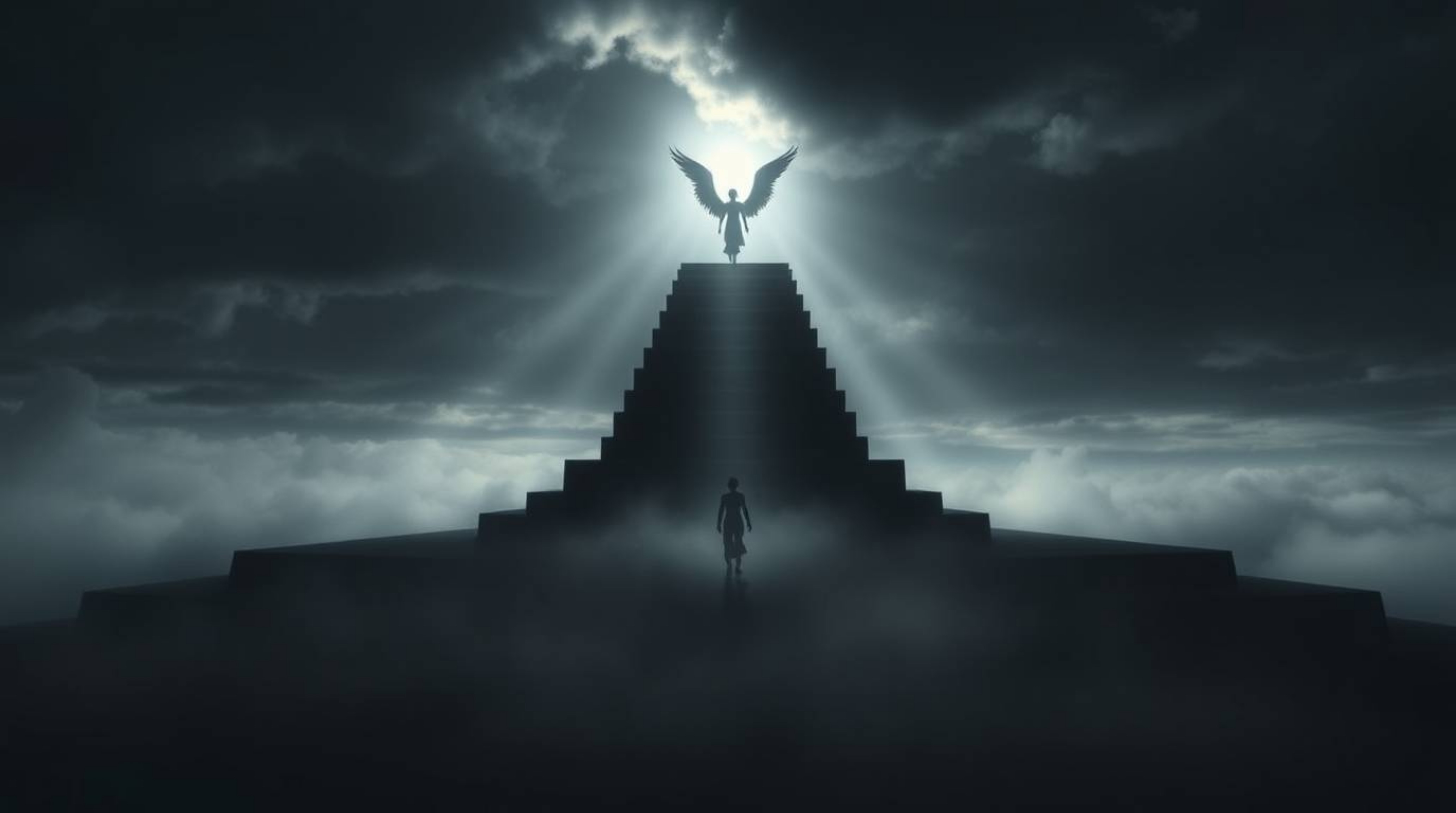 A dreamlike scene featuring volumetric lighting, where intense jet black steps of light ascend into a cloudy sky. Angelic fig