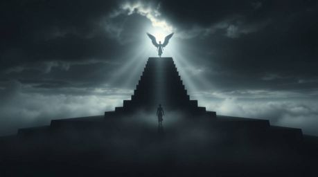 A dreamlike scene featuring volumetric lighting, where intense jet black steps of light ascend into a cloudy sky. Angelic fig