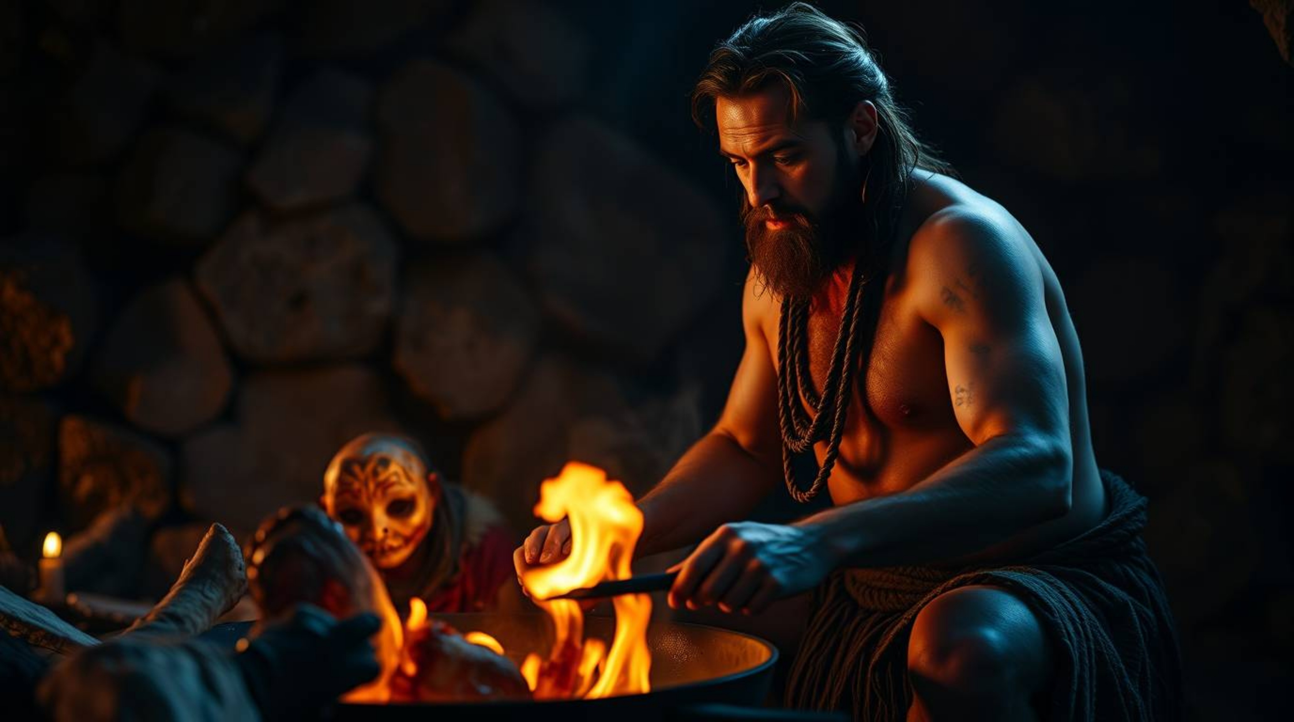 A dramatic and cinematic fine art photograph depicts a caveman cooking mammoth meat, styled in the manner of an Associated Pr