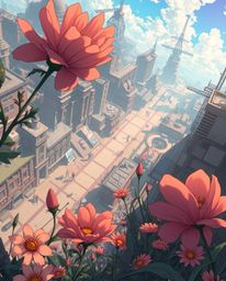 This artwork presents a unique blend of Isekai anime style and post-apocalyptic scenery.  The high-angle perspective showcase