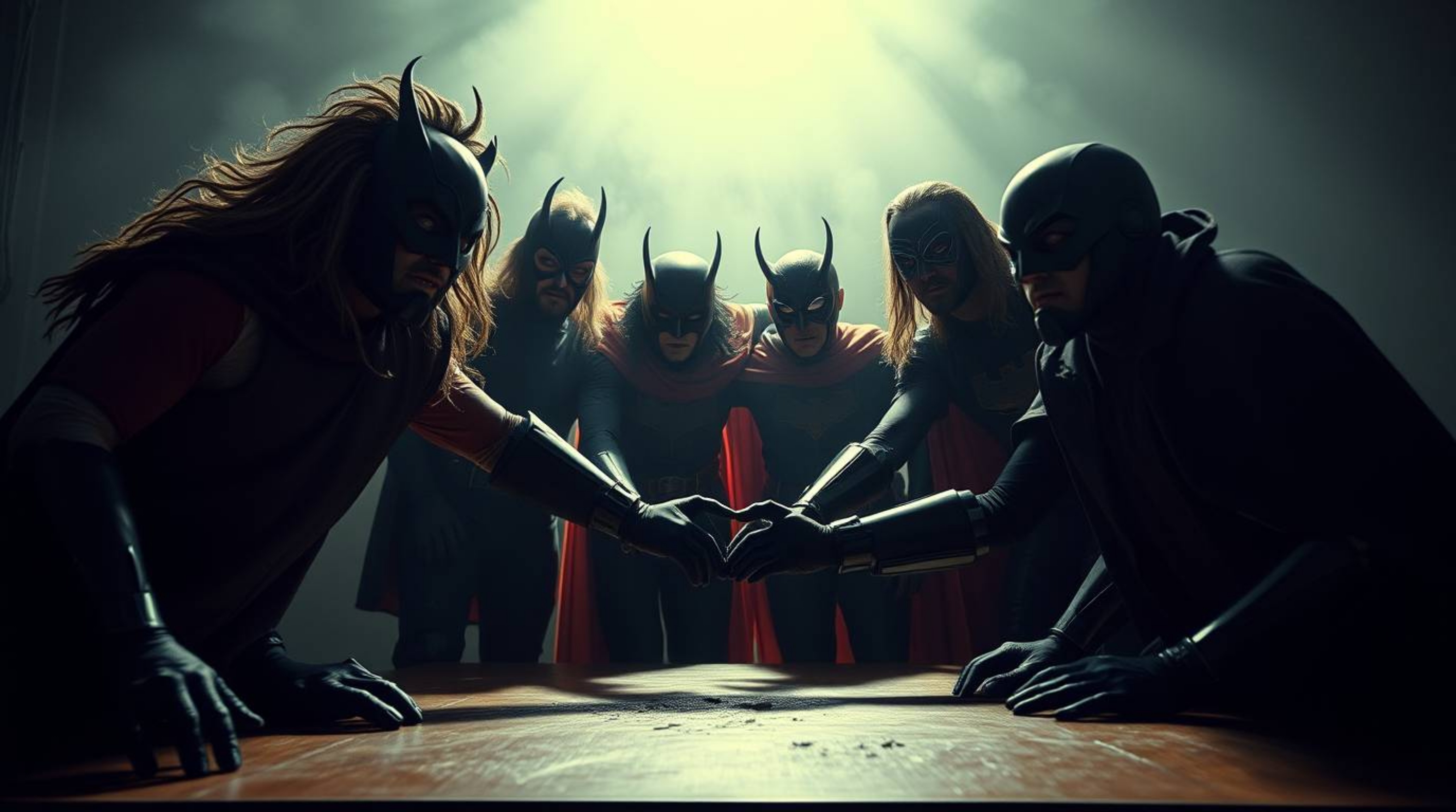 A captivating fine art photograph showcases a team of misfit heroes, united in their quest.  Intense, dramatic lighting creat