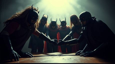 A captivating fine art photograph showcases a team of misfit heroes, united in their quest.  Intense, dramatic lighting creat