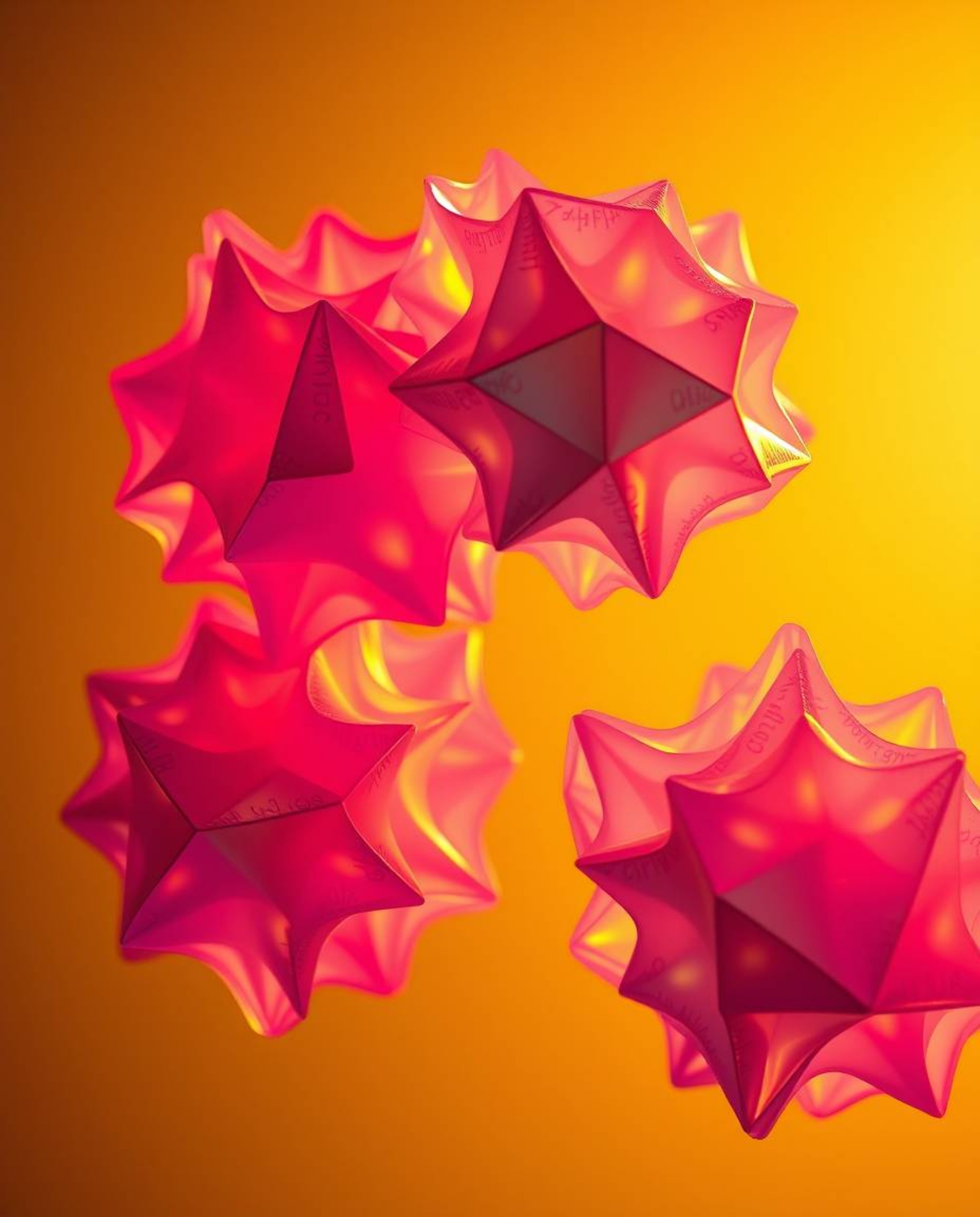 Explore the captivating beauty of intricate origami-style floating 3D blobs composed of vibrant, colorful fluid jelly. This d