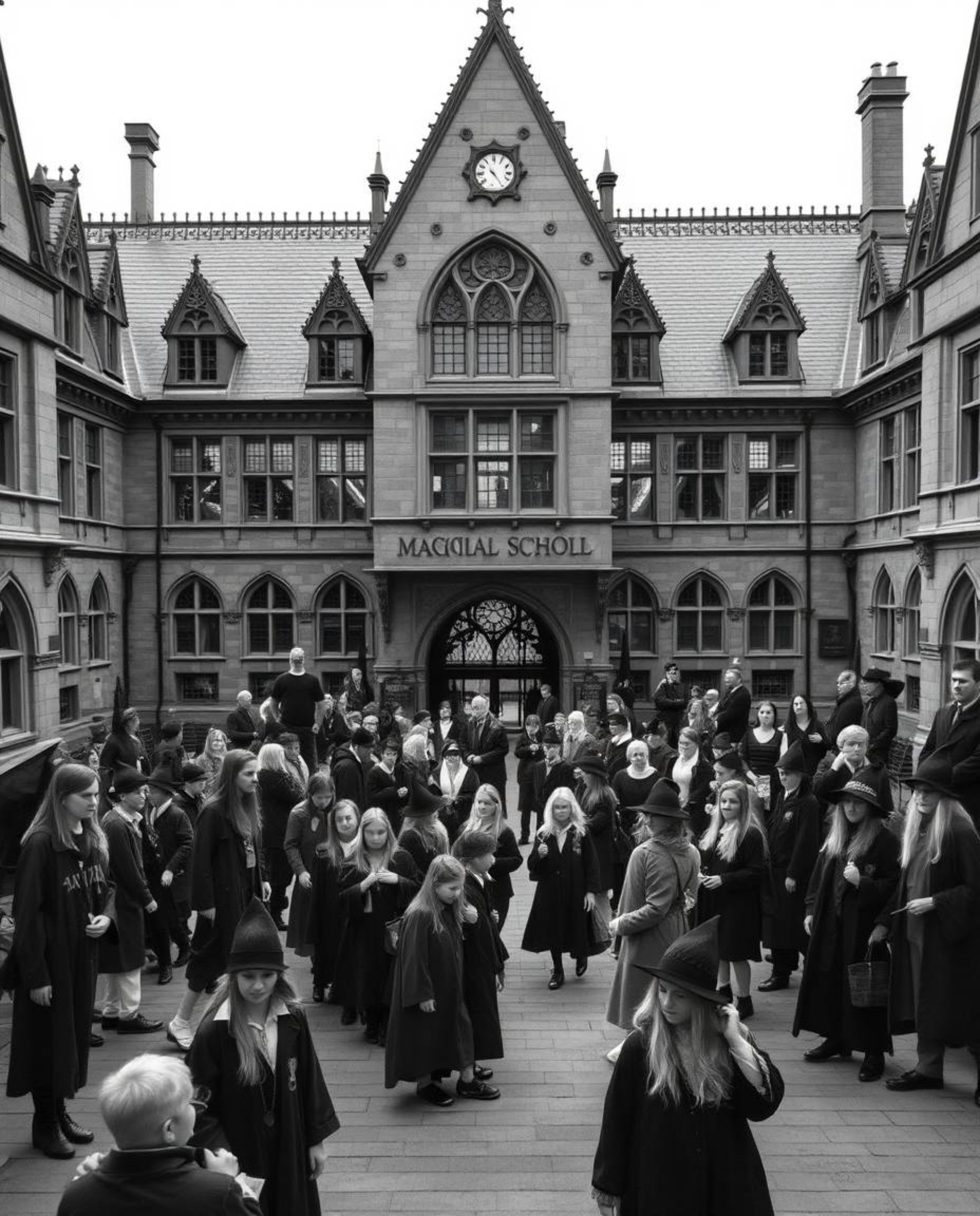 Discover the enchanting world of a magical school for young wizards, captured in timeless black and white photography.  Exper