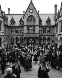 Discover the enchanting world of a magical school for young wizards, captured in timeless black and white photography.  Exper