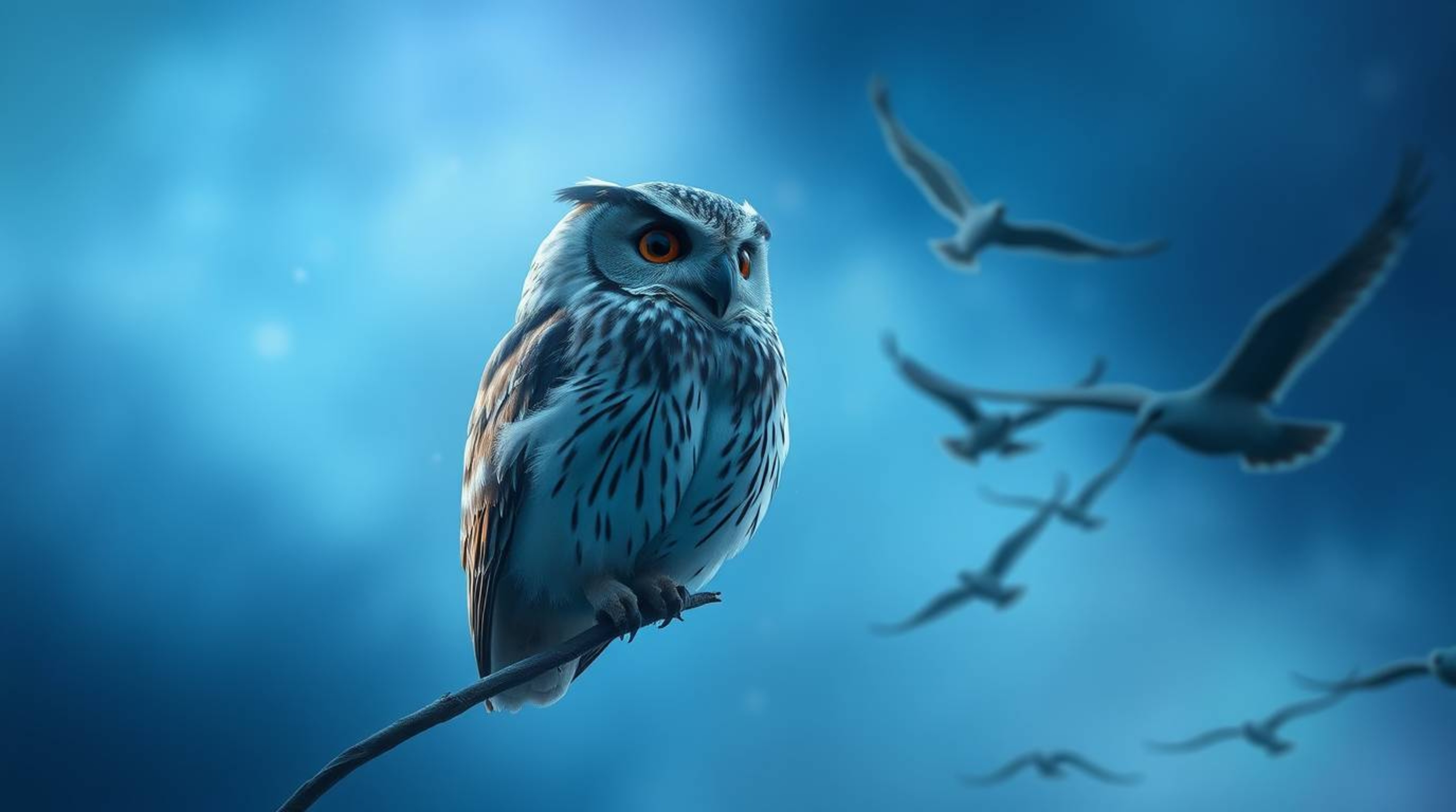 A long exposure photograph, exuding an ethereal vibe and enveloped in a soft cinematic haze, captures a wise, blind owl in a 