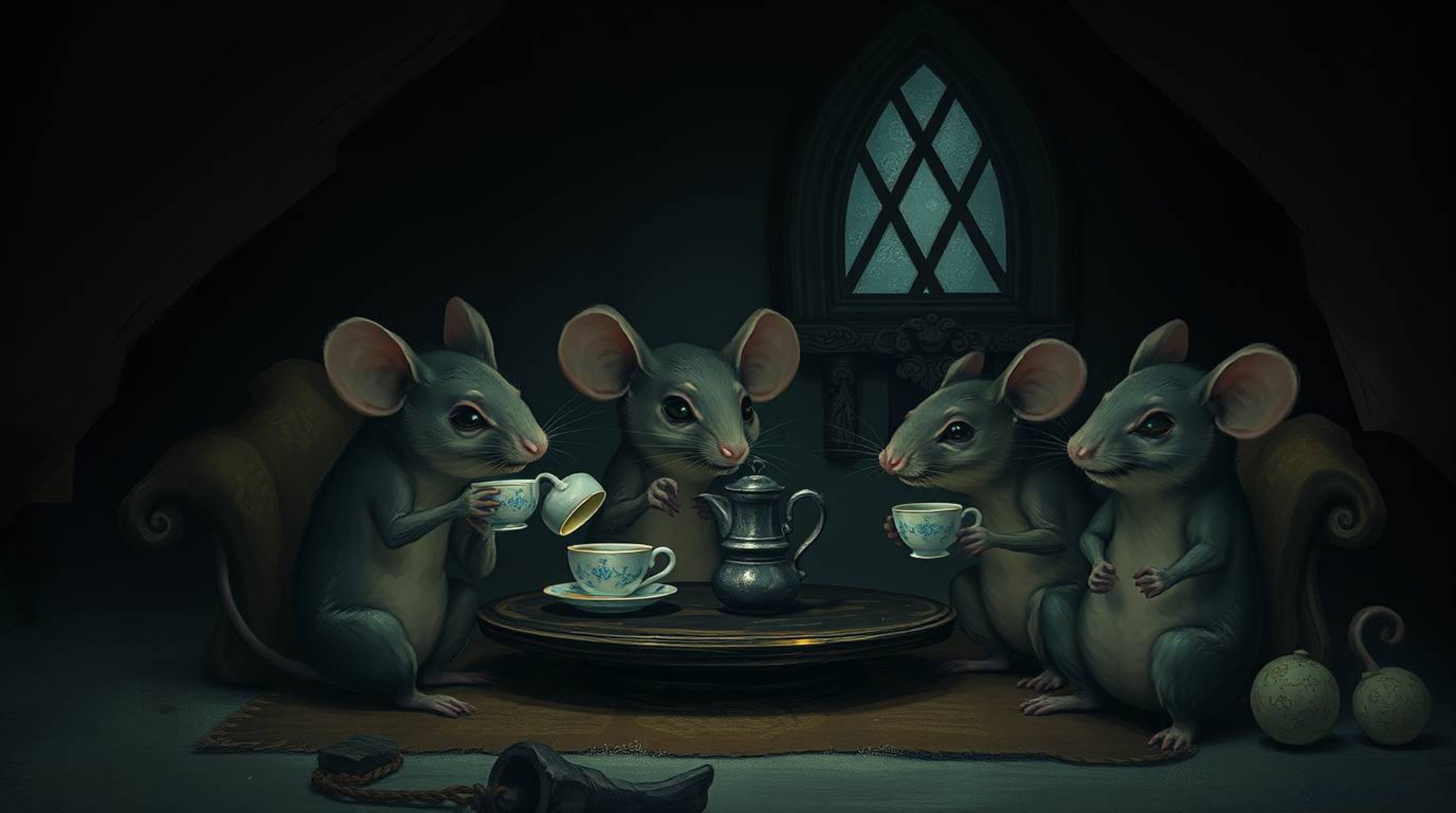 A digital painting in a strong, moody style depicts anthropomorphic mice enjoying tea in a cozy cottage.  The artwork feature