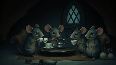 A digital painting in a strong, moody style depicts anthropomorphic mice enjoying tea in a cozy cottage.  The artwork feature